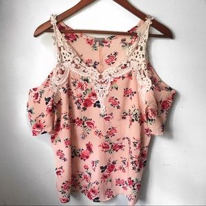 Pink Floral Cold Shoulder Lace Top